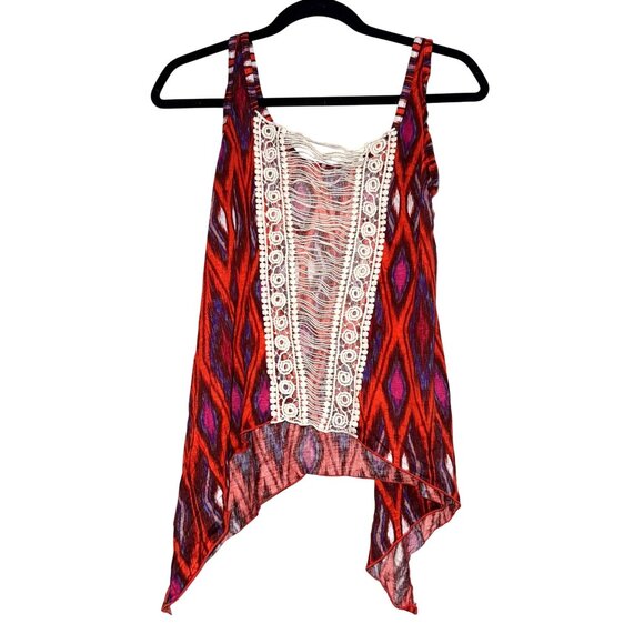 Womens Red & Purple Diamond Print Asymmetrical Tank Top With Lace Detail - Picture 1 of 6